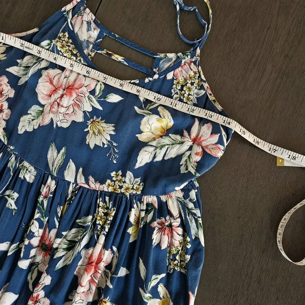 Band Of Gypsies Blue Floral Tiered Maxi Dress XS Boho Spaghetti Straps Festival - Picture 4 of 8